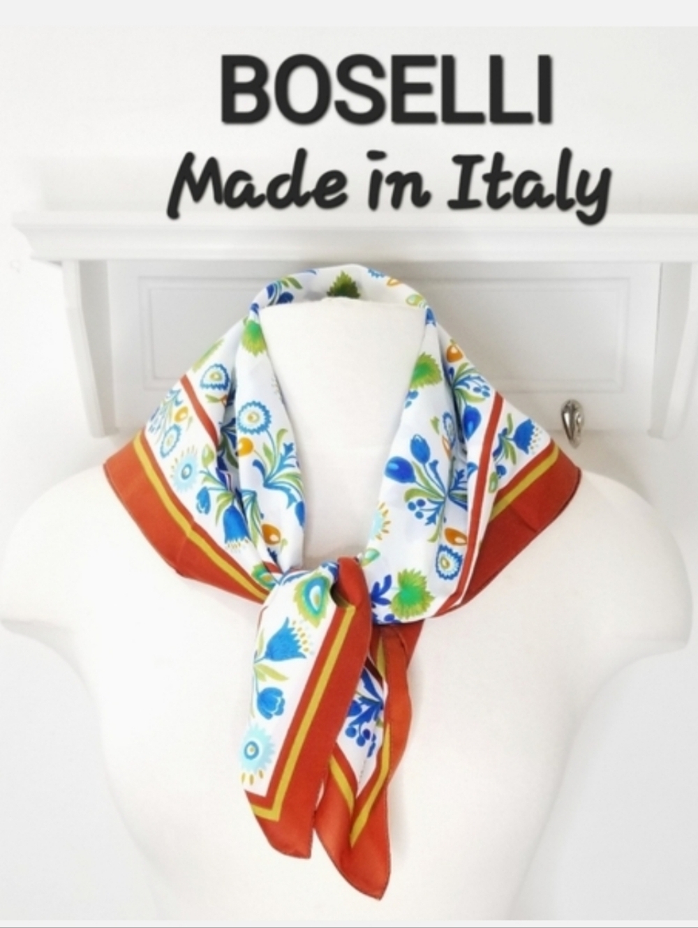 BOSELLI Vintage Blue Floral & Brown Border Square Scarf Made in Italy
